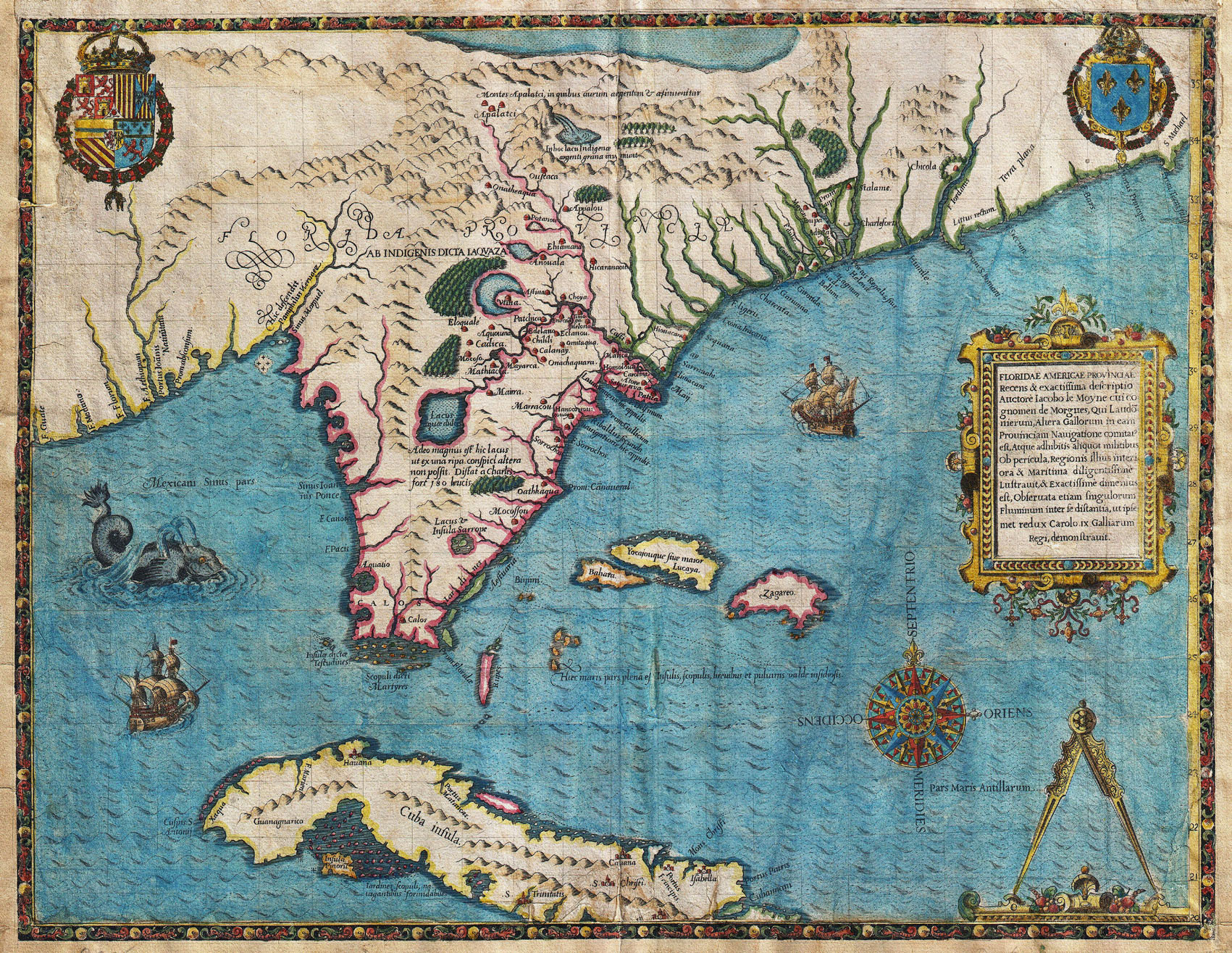 The Way of Florida. Spain - Apalchen - Le Moyne Map, 1591